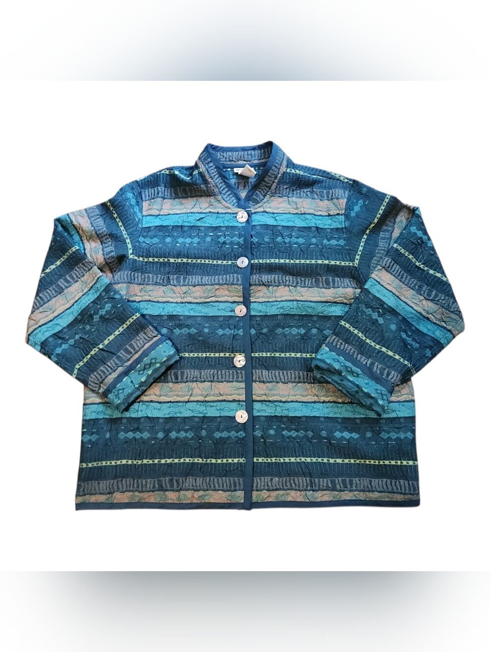 Abstract 90s Earthy Bohemian Jacket Blue Teal Button Front Artsy Retro XL VTG